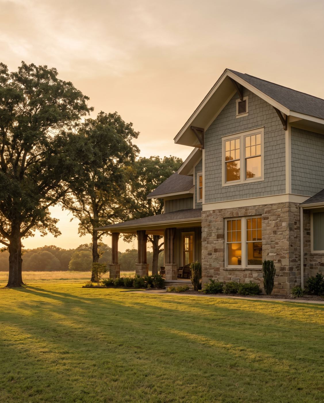 A stone and shingle Craftsman home on open acreage at golden hour in Northeast Texas