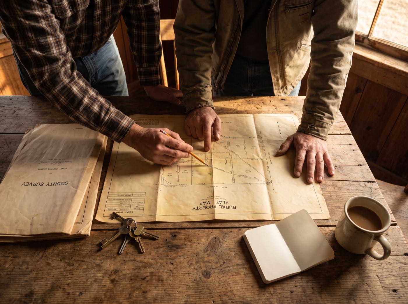 Two people at a wooden table going over a rural property plat map together