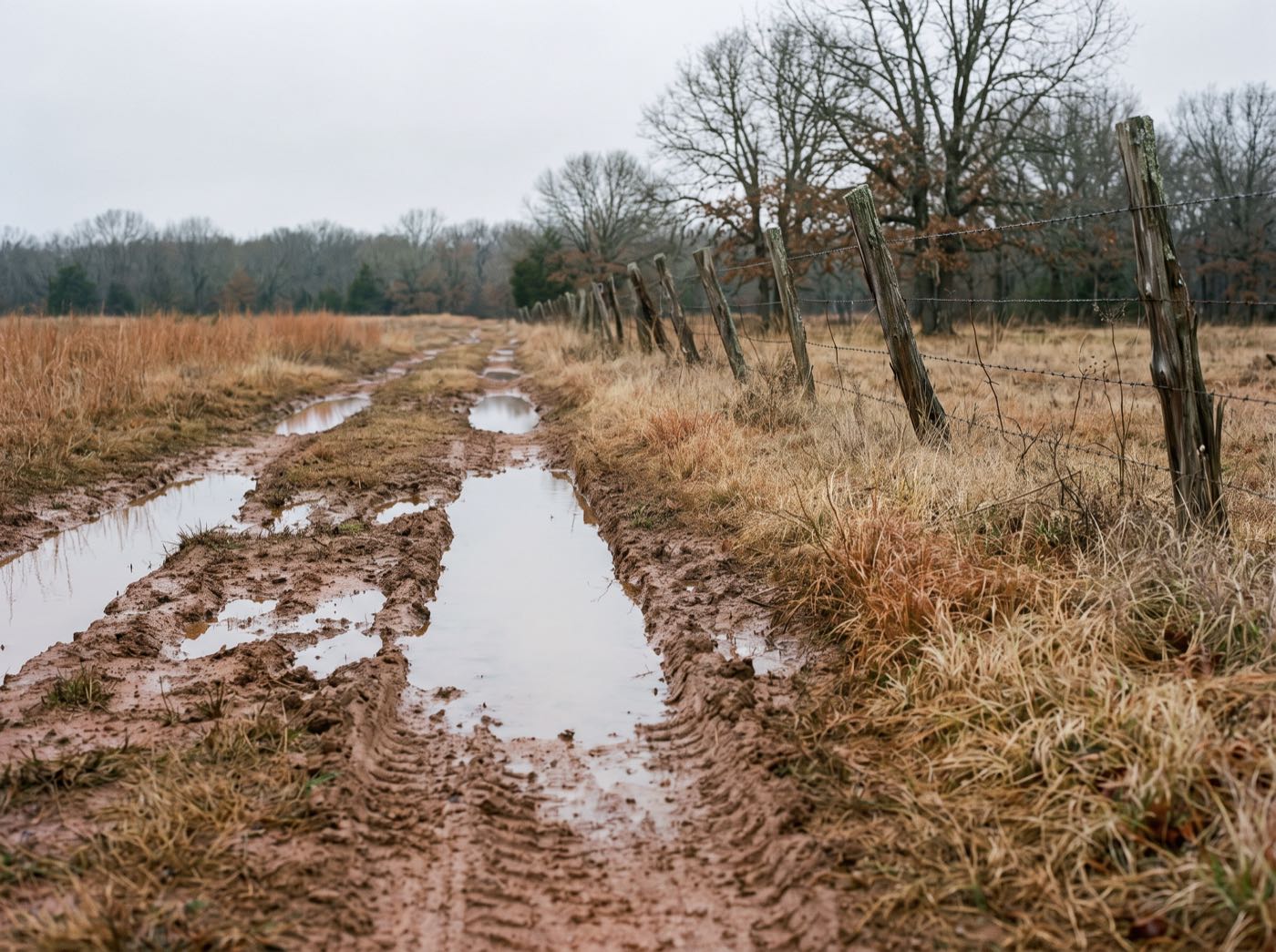 A red clay ranch road in Northeast Texas with standing water in the wheel ruts after rain